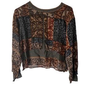 Soji Vintage Y2k Patchwork‎ Boho Long Sleeve Shirt Women Size S Lagenlook Artsy
